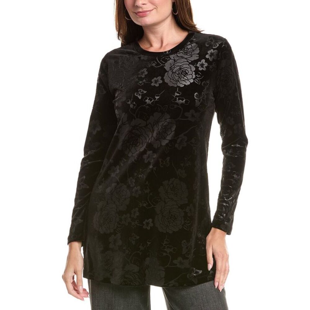 Johnny Was Womens Embossed Stretch Velvet Tunic, Black